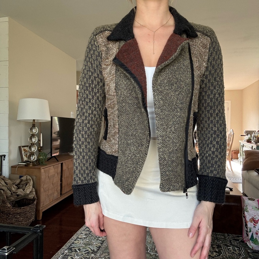Patchwork Knit Leather-Trim Jacket in Brown & Black - Women's Jacket